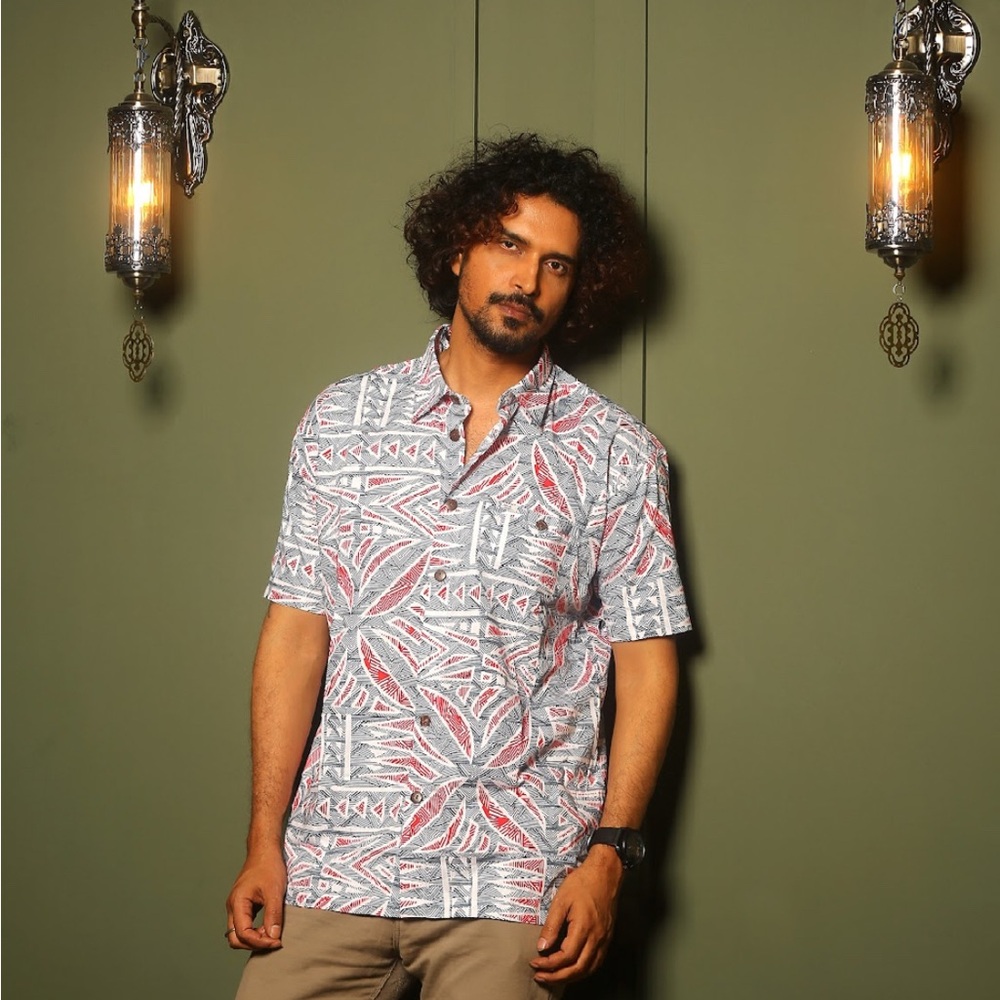 Red and Gray Geometric Casual Button Down Shirt